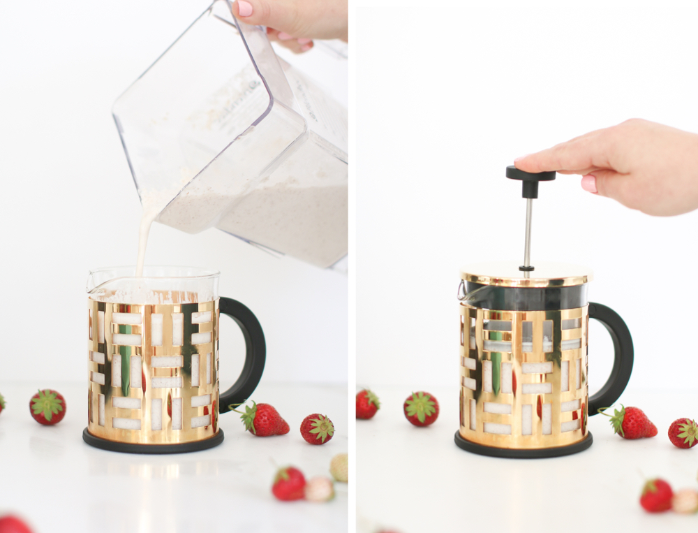 French Press Almond Milk Strawberries DIY Recipe Monika Hibbs