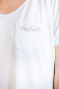 hello embroidered t-shirt on Monika Hibbs
