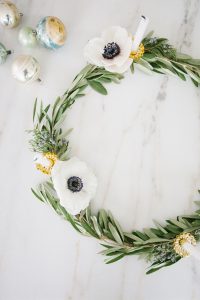 Olive branch wreath with ornaments on side