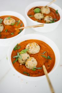 light tomato bisque soup with turkey meatballs
