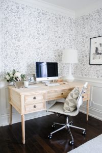 beautiful office with black and white wallpaper