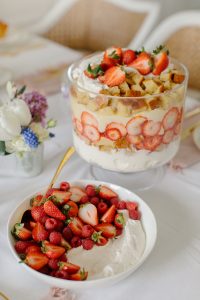 strawberry trifle in glass dish