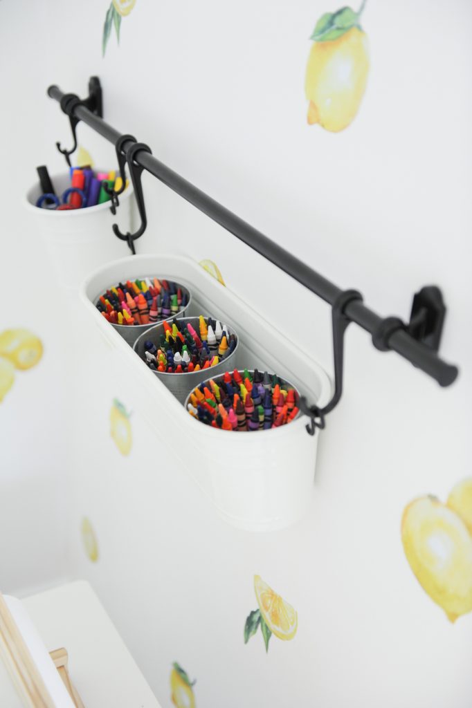 kids playroom crayons in buckets