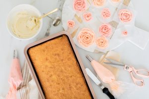 ingredients for making buttercream rose sheet cake