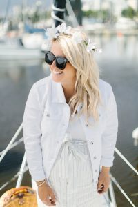 white jean jacket, oversized sunglasses daisy crown
