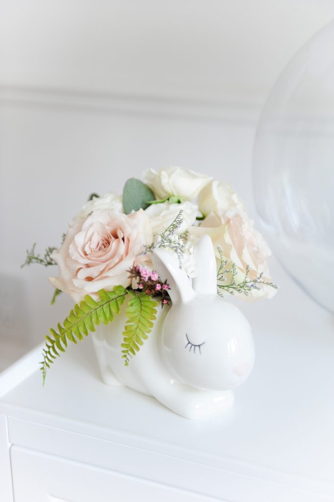 white bunny vase with florals