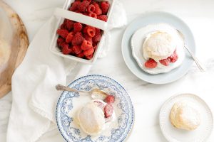 raspberry and cornmeal shortcakes with cream