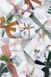 velvet detail on white wrapped presents