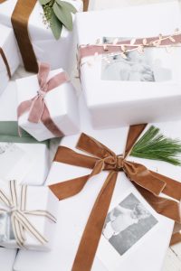 velvet ribbon on white wrapped presents holiday