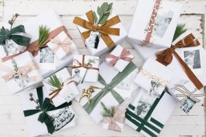 white wrapping paper with velvet ribbon and DIY tags