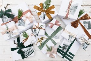 white wrapping paper with velvet ribbon