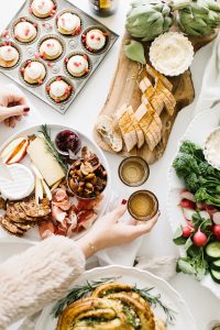holiday appetizer spread with wine