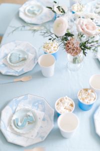blue and white cups and plates little girl birthday