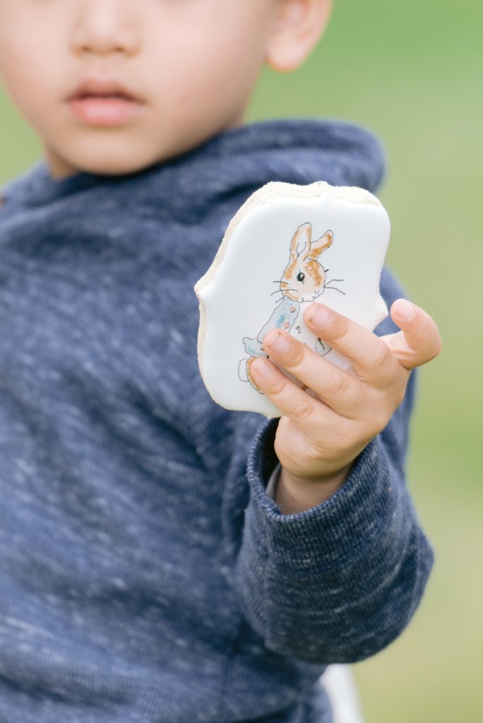 peter rabbit decorated cookie held by small child