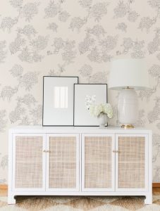 Console Table with #MHxUrbanWalls Wallpaper on Hydrangeas in the Background